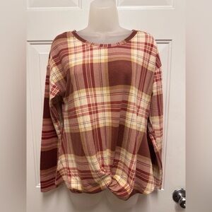 Plaid Long-Sleeve Twist Hem Top - Cream, rust & mauve 0045